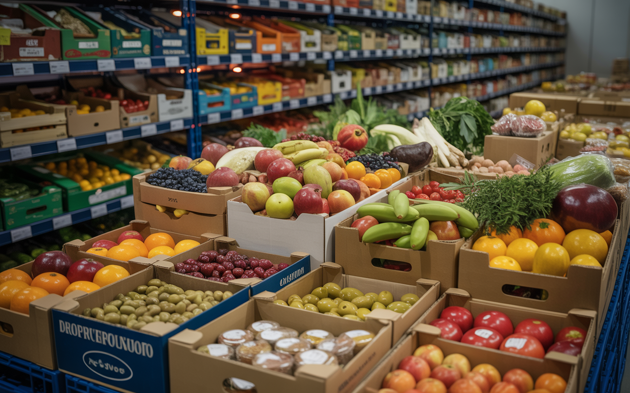 Premium-Lebensmittel in Handelskartons auf Paletten