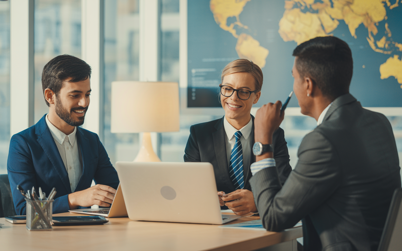 Business-Team im modernen Buero mit Weltkarte im Hintergrund